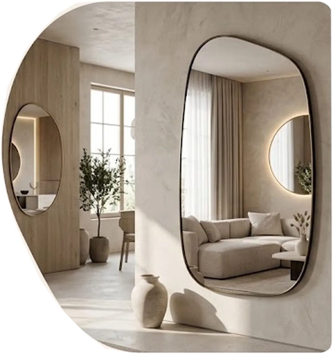 Sala con espejos decorativos de formas orgánicas y luz LED